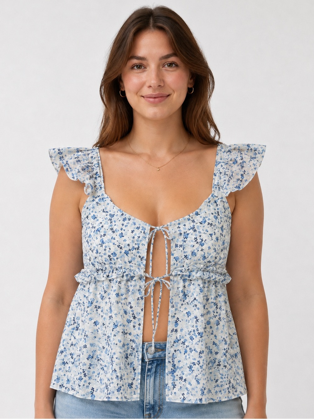 Blue Floral Ruffle-Shoulder Tie-Front Camisole